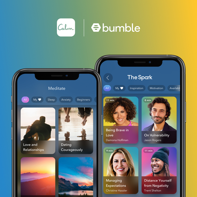 Screenshot di Bumble e della sua Partnership con Calm